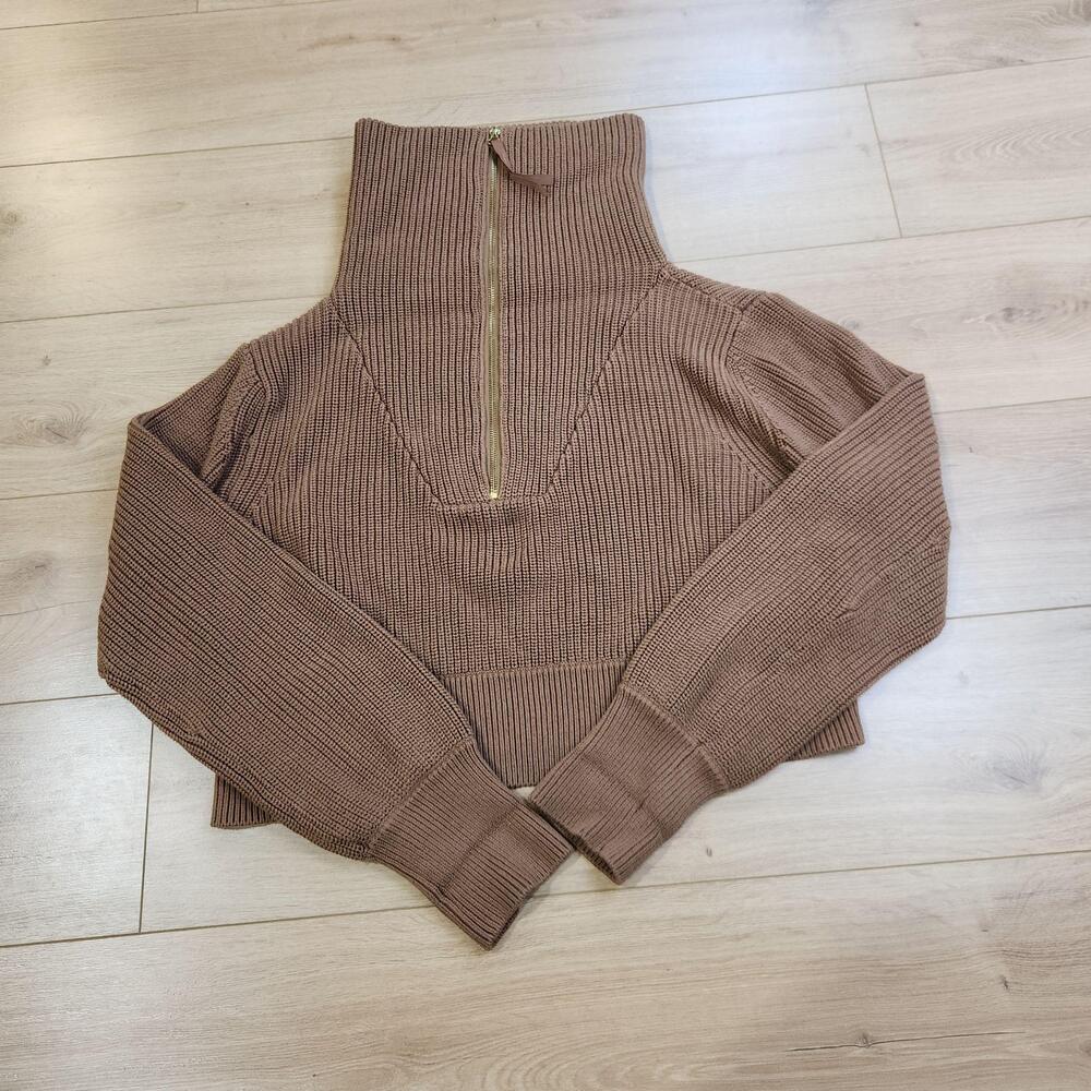 Varley Mentone Knit Sweater Womens XL Brown 1/2 Zip Mock Neck Chunky Cotton